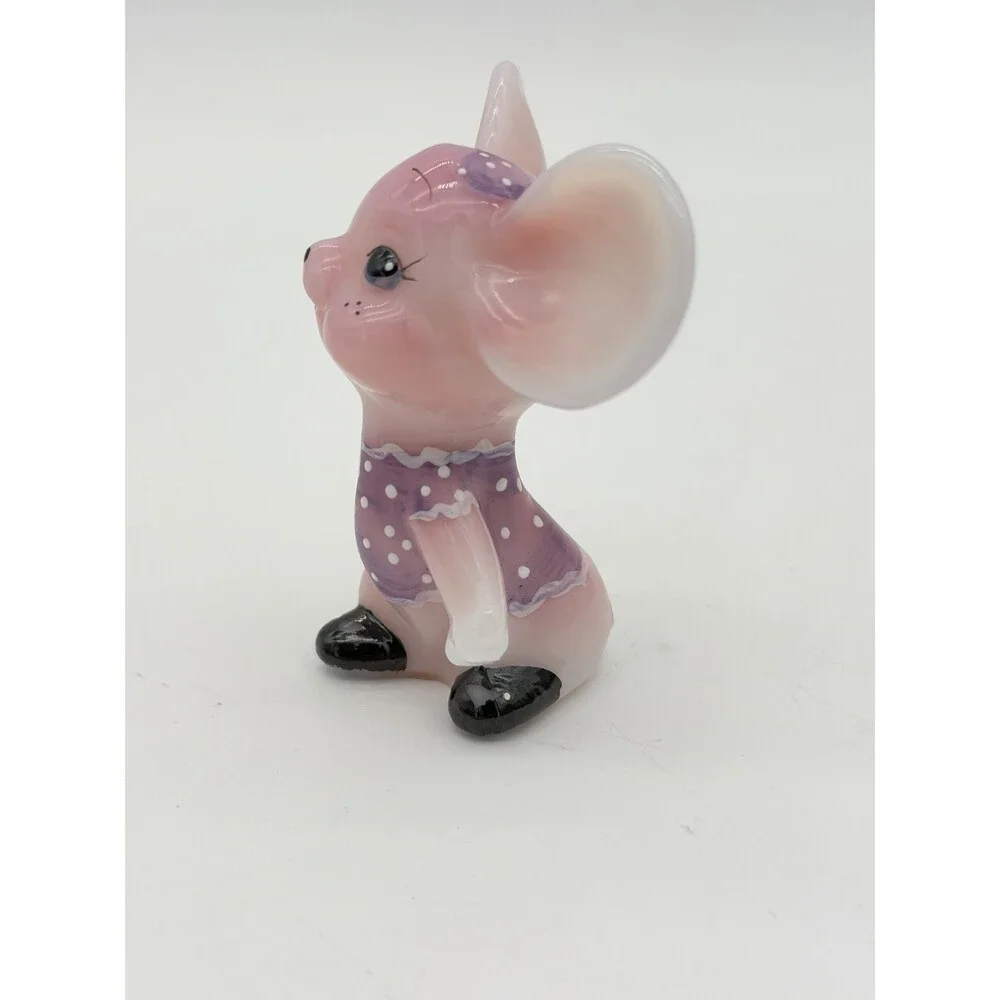 Fenton Art Glass Rosalene Purple Polka Dot Dress Hand Painted Mouse Figurine